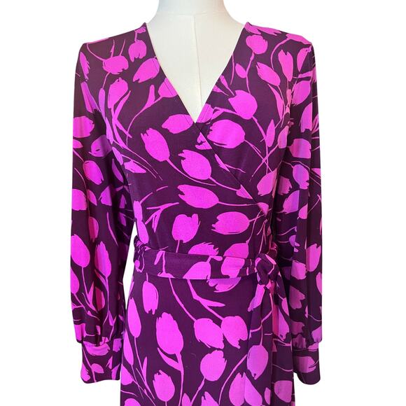 Attention Magenta Purple Leaf Print Faux Wrap Dress Long Sleeve Size 10 fuchsia - Picture 3 of 5